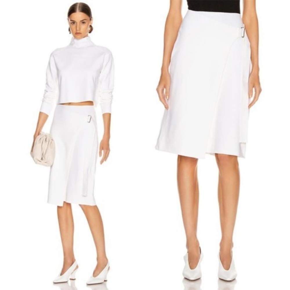 Helmut Lang Compact Wool Knit Wrap Skirt Belted in Porcelain